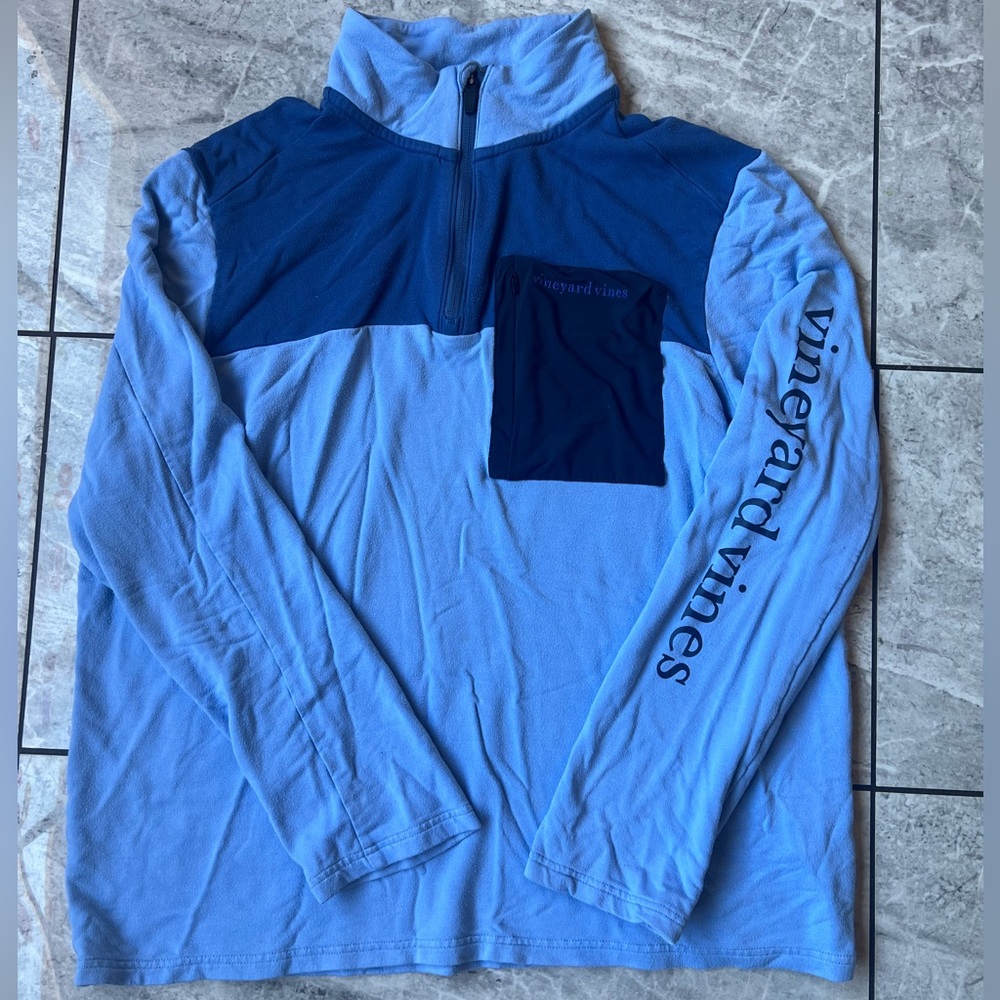Vineyard Vines Men’s Blue Quarter Zip Long Sleeve Sweater, Zip Pocket Logo Sz L